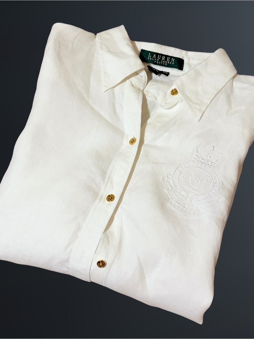 Lauren Ralph Lauren Women’s Linen White Button Down Sz Petite M Embroidered Logo
